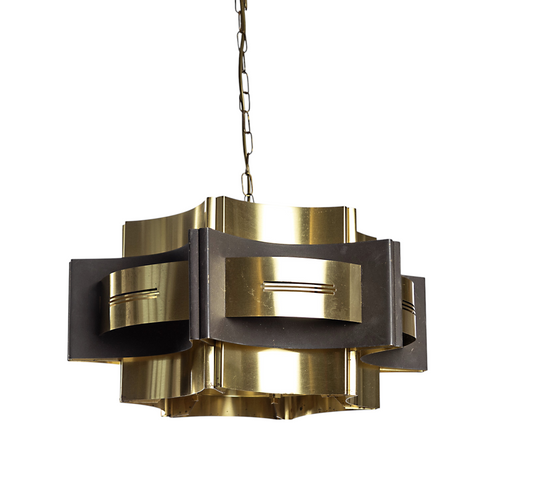 Cool retro taklampa i mässing och målad svart plåt, hängande i mässingskedja, 1960-tal