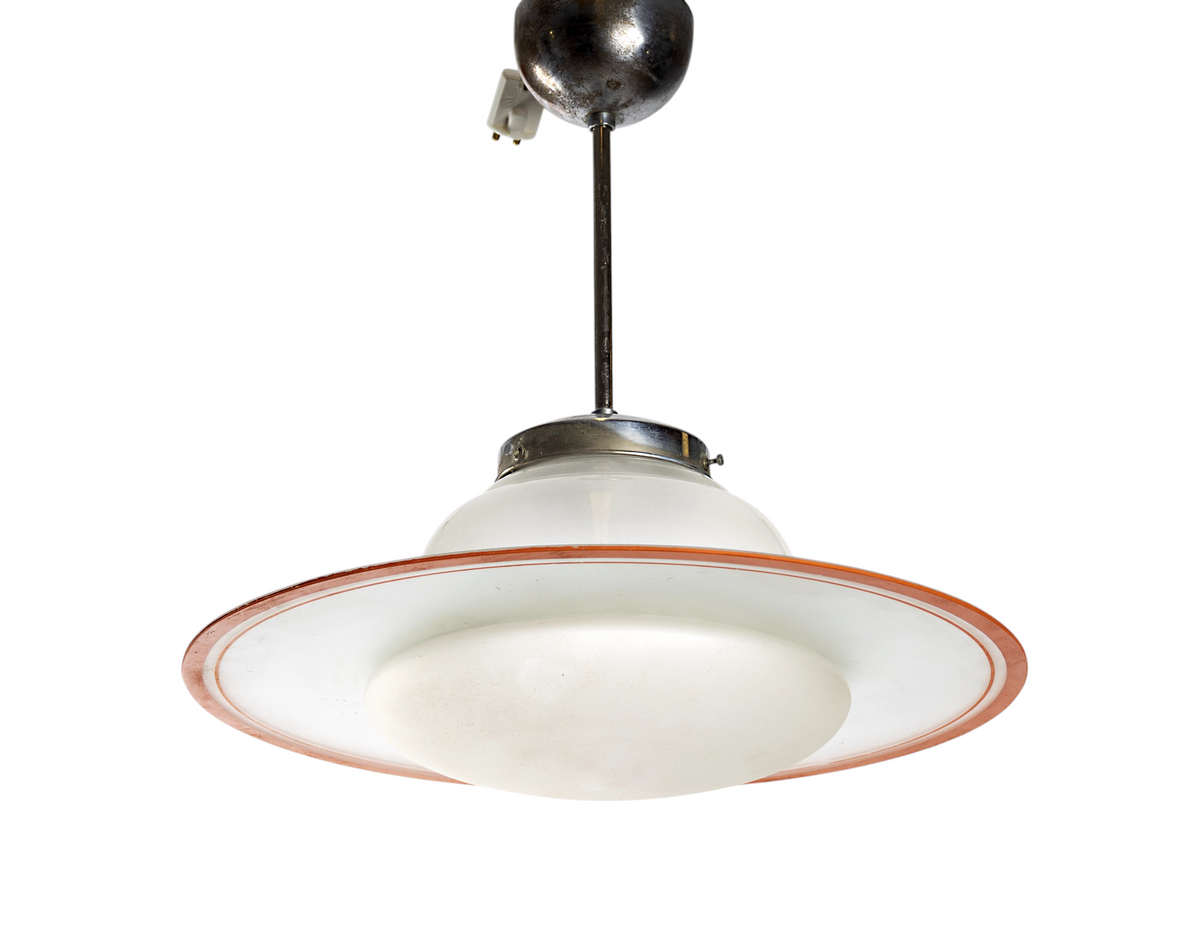 Saturnuslampa med vit kupa och frostad glasring med orange dekorering, 1950–1960-tal