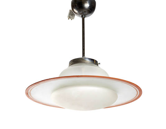 Saturnuslampa med vit kupa och frostad glasring med orange dekorering, 1950–1960-tal