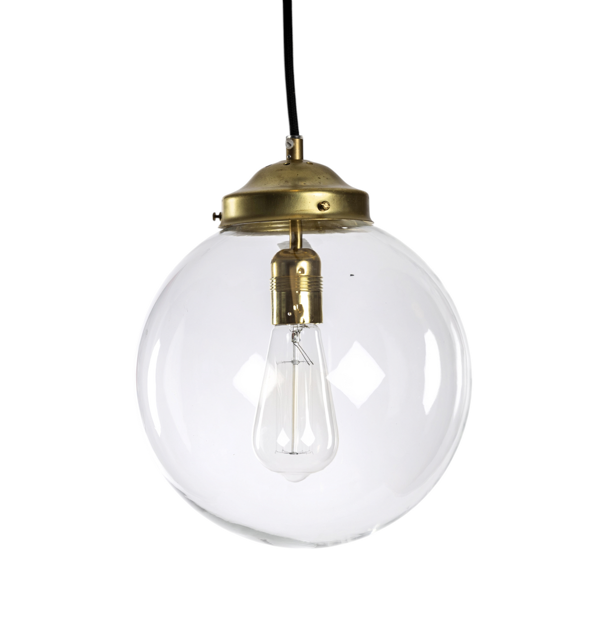Taklampa med klarglas glob, mässingsfäste och svart rund textilkabel, passar koltrådslampa, 1950-tal