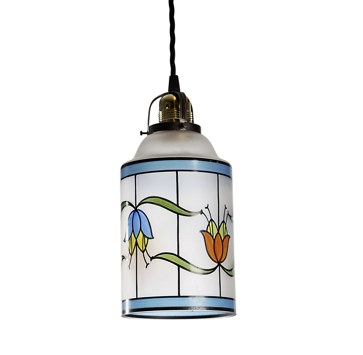 Taklampa i frostat glas med vacker målning som ett kyrkfönster, E27-sockel i mässing och svart textilkabel, 1940–1960-tal
