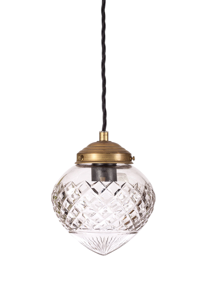 Elegant taklampa i slipat glas med mässingsfäste och svart tvinnad textilkabel