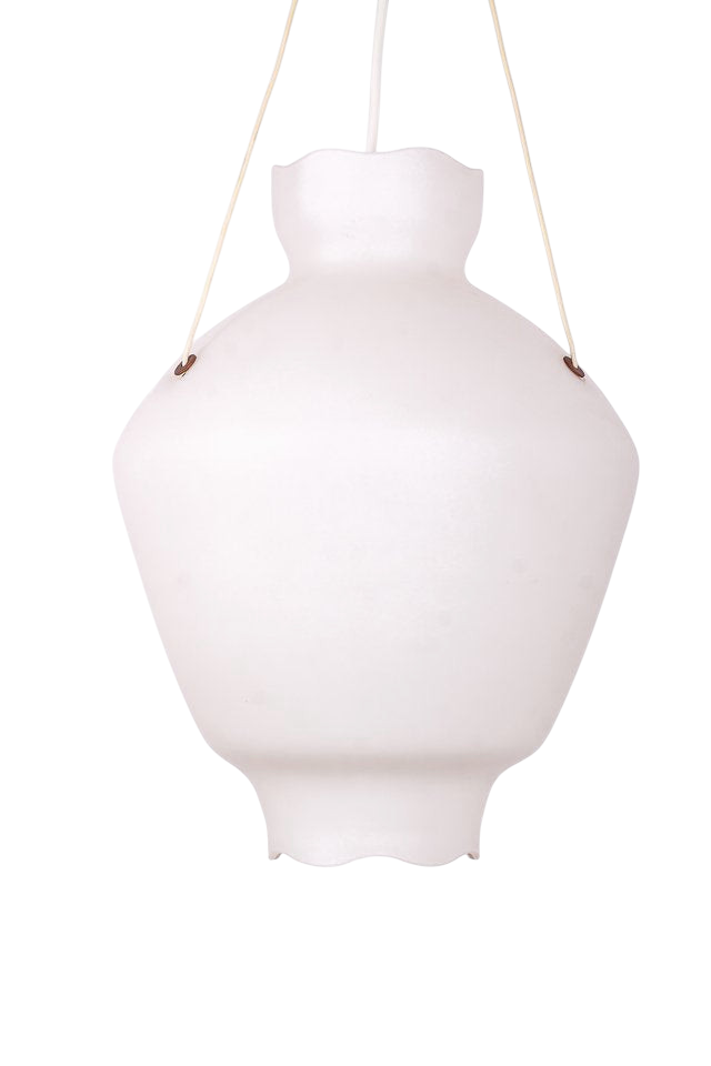 Konformad halllampa i vitt glas med trebent upphängning i justerbar tråd