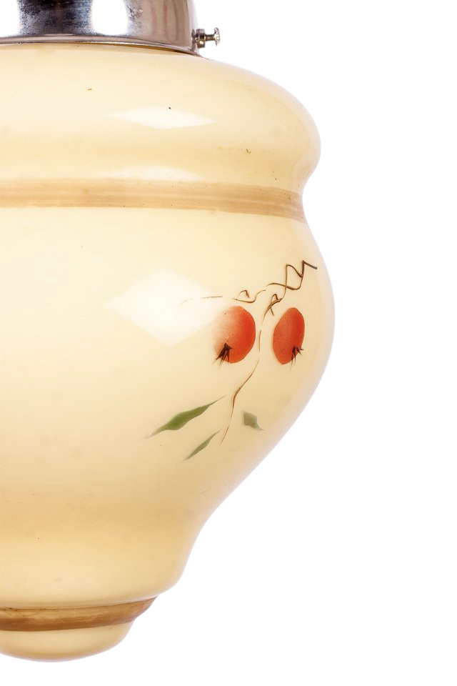 Krämgul lampkupa med botanisk växtdekor, 1940-tal, diameter ca 18 cm, höjd ca 21 cm, krom- eller mässingspendel