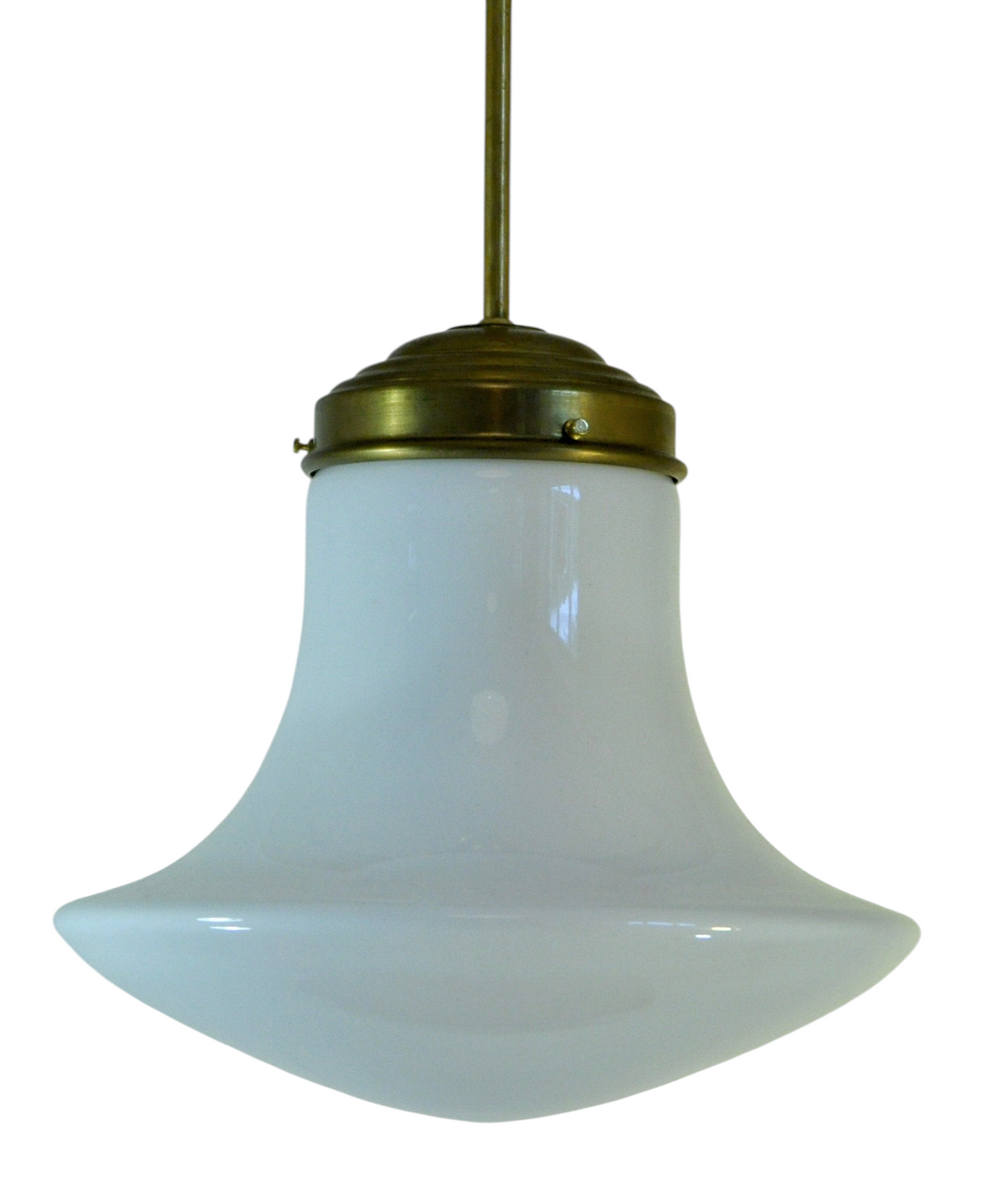 Elegant taklampa i blankt glas med pendel och fäste i mässing, Sverige 1950-tal